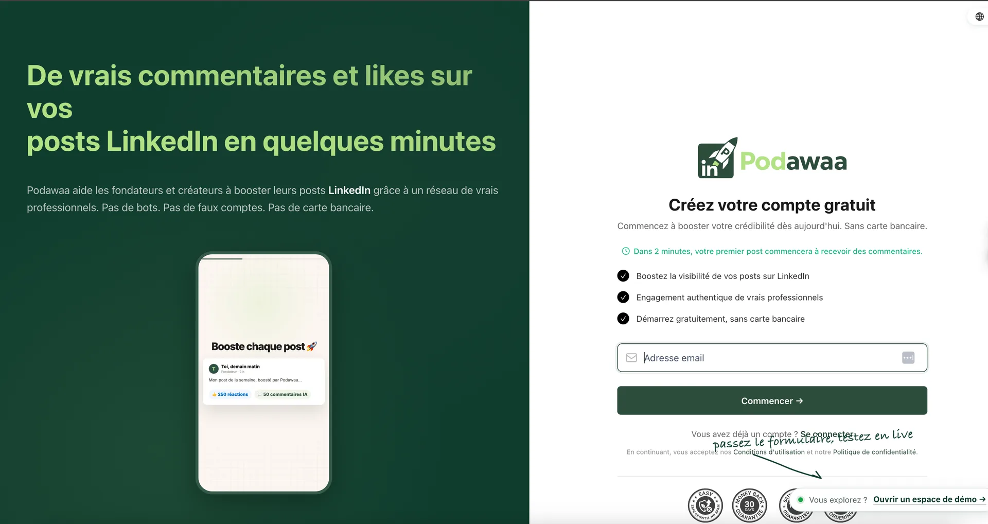 Página inicial da Podawaa: comentários e likes reais nas suas publicações do LinkedIn em poucos minutos.