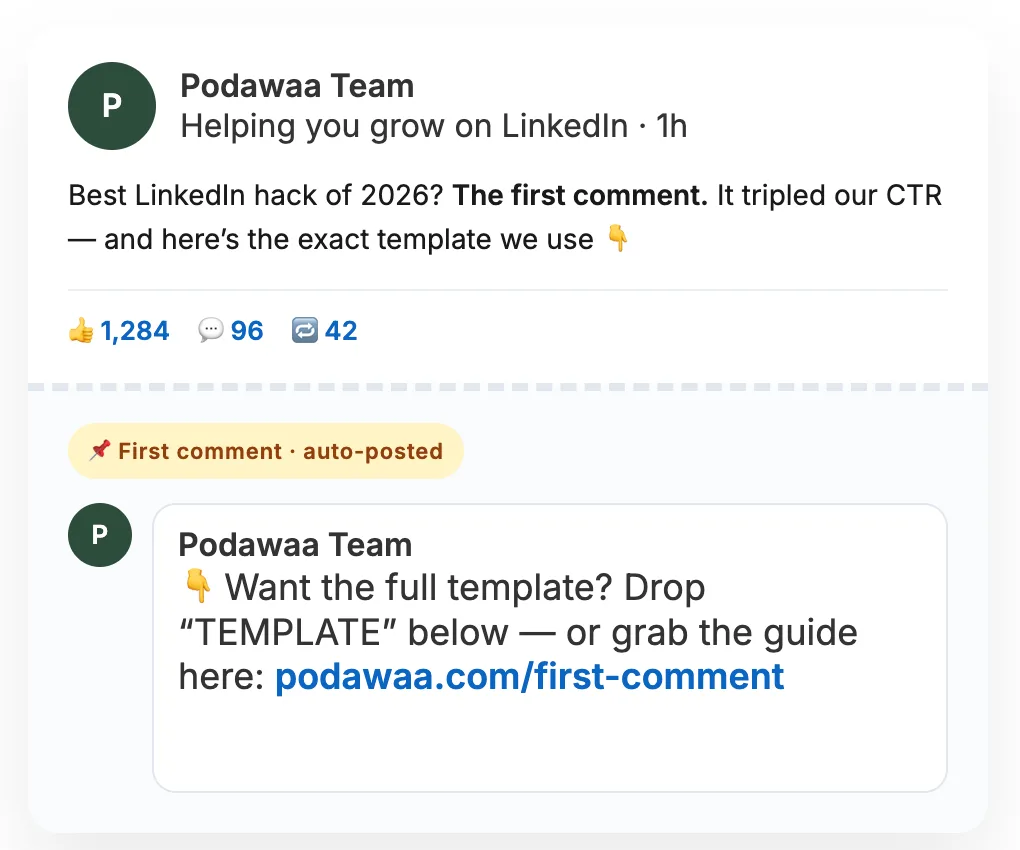 Primer comentario publicado automáticamente por Podawaa justo después de una publicación de LinkedIn.