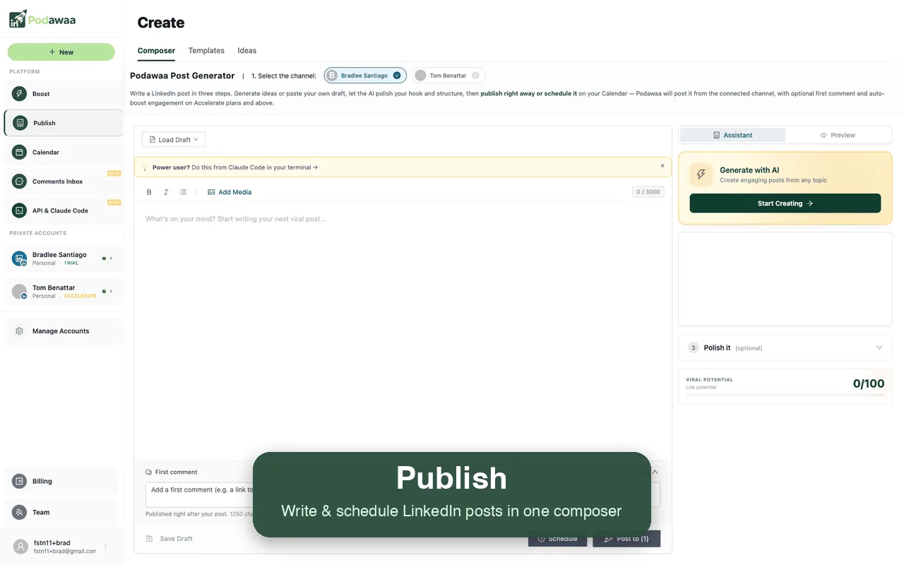 Composer de Podawaa : rédiger et programmer un post LinkedIn, avec le score de potentiel viral.