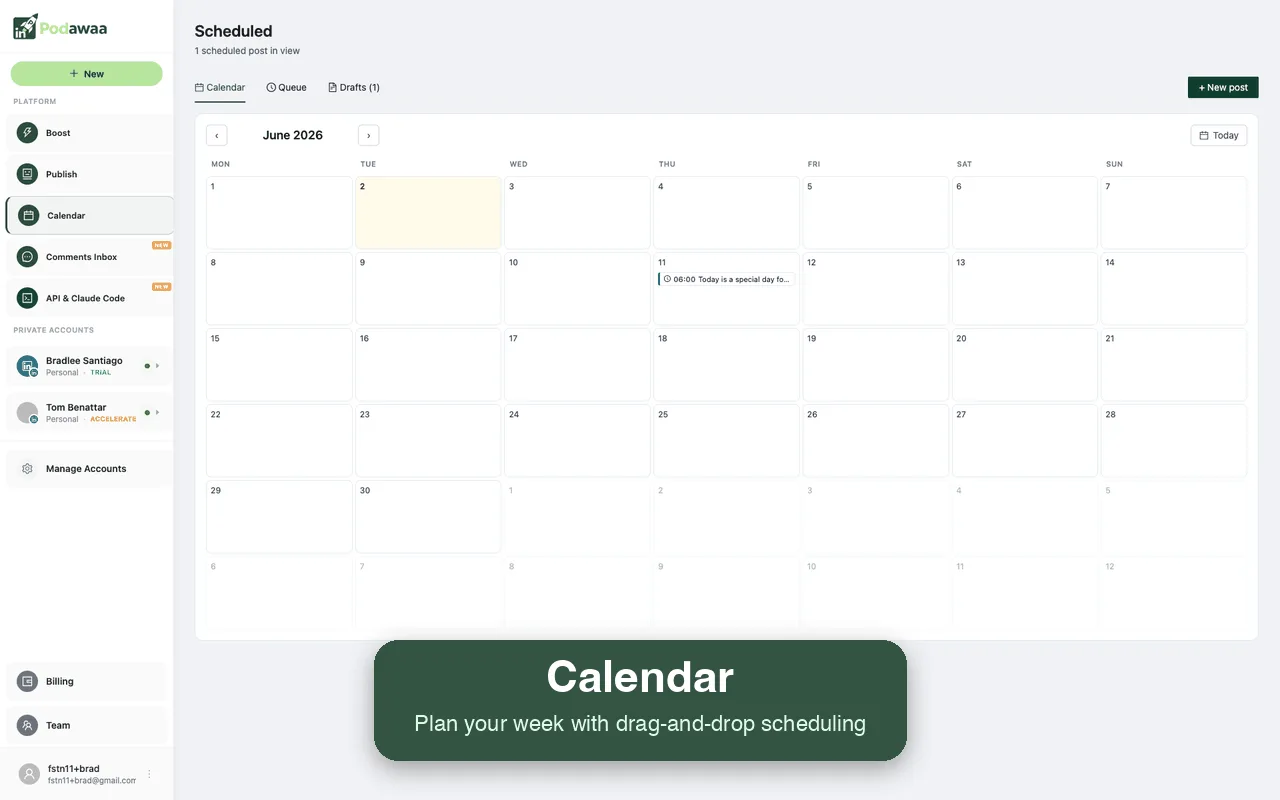 Calendrier de Podawaa : planifier ses posts LinkedIn par glisser-déposer.