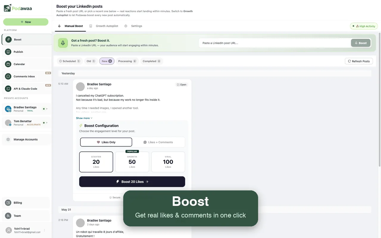 Podawaa Boost screen: pasting a LinkedIn post URL and choosing the engagement level.
