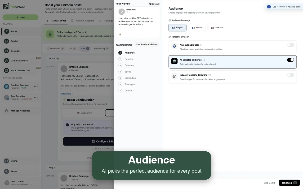 Ciblage de l'audience dans Podawaa : langue et sélection automatique par IA.