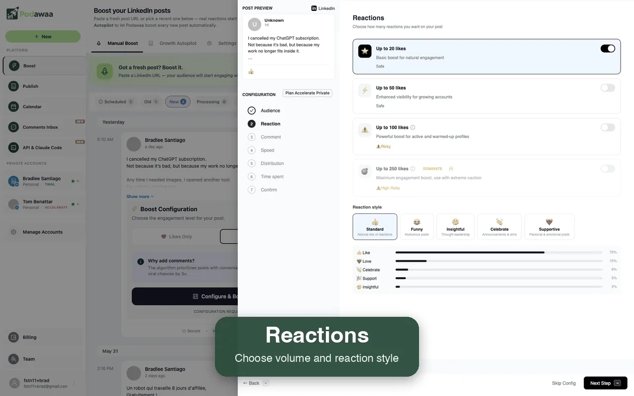 Choosing reaction volume and style in Podawaa, with the risk level shown for each tier.