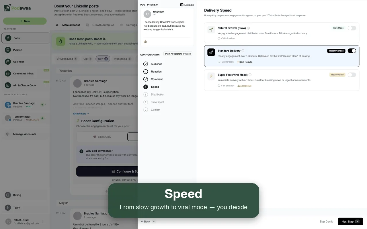 Engagement delivery speed in Podawaa: natural growth, standard or viral mode.