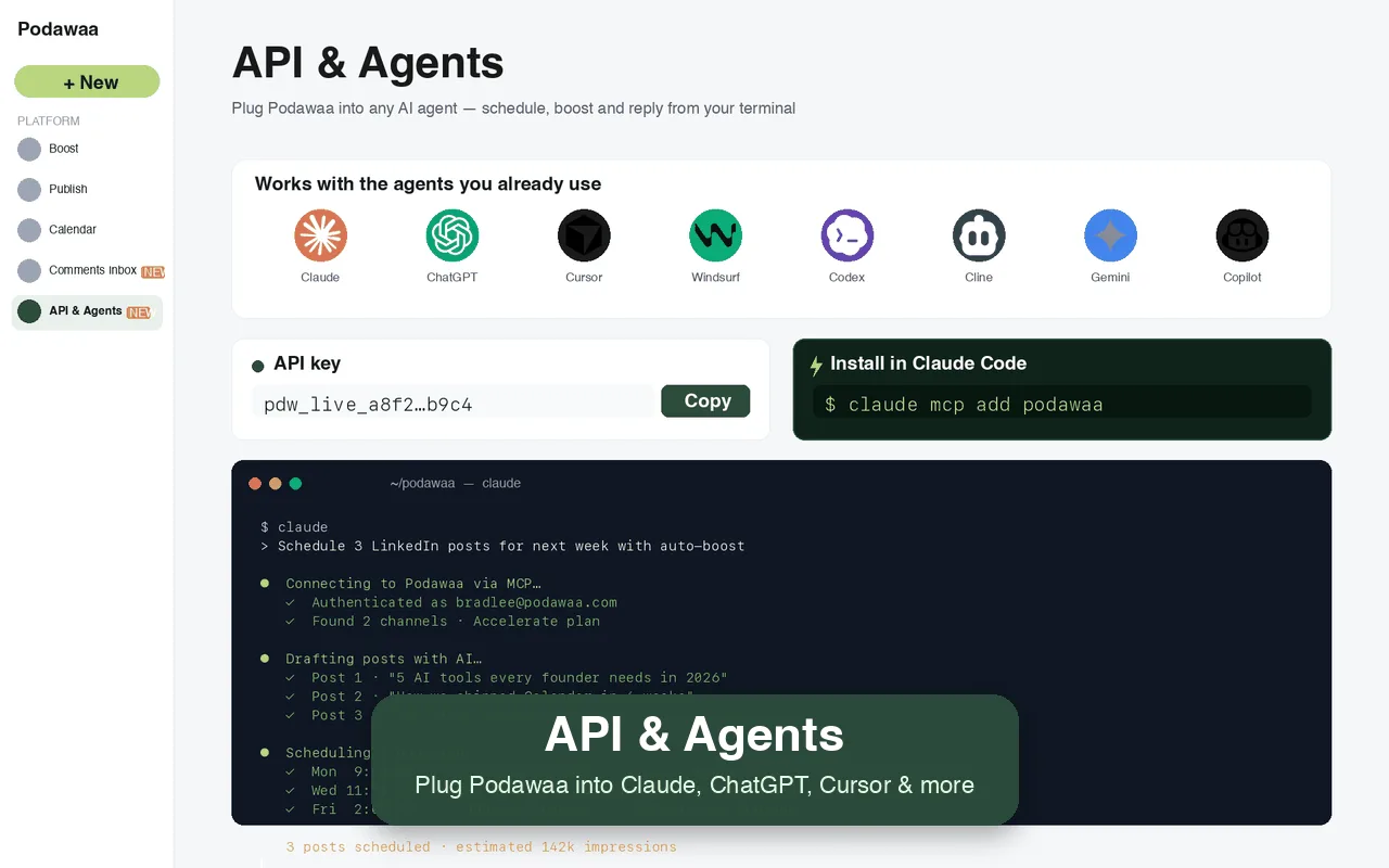 API de Podawaa et intégration Claude Code : programmer et booster ses posts depuis le terminal.