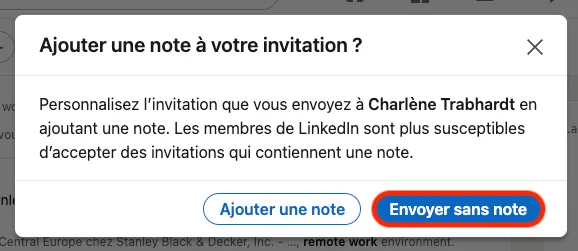 Fenetre invitation avec ou sans note linkedin