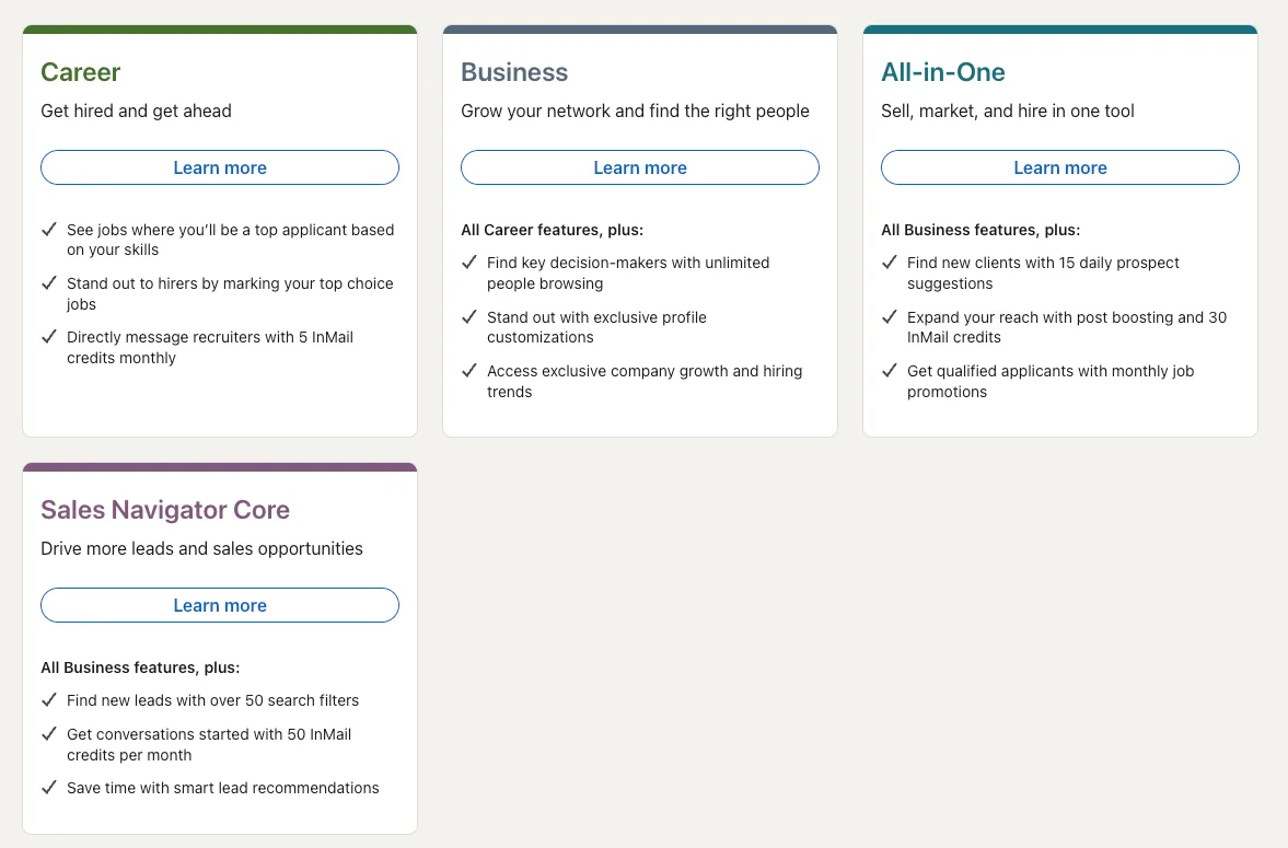 linkedin's premium subscriptions comparison of 4 tiers