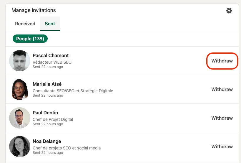 Manage sent invitations on linkedin