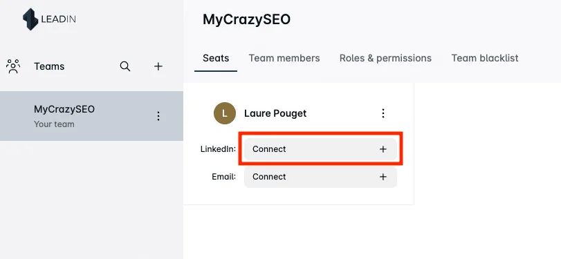 interface para ligar as suas contas Linkedin e de correio eletrónico à sua conta Leadin
