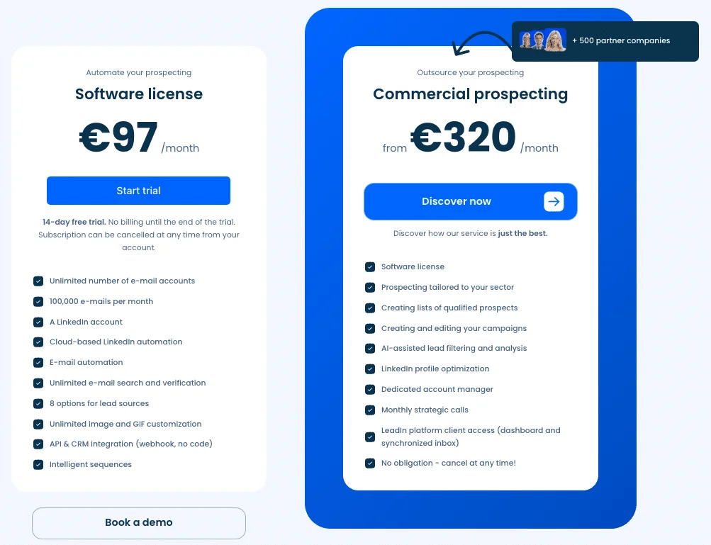 Preços para os 2 tipos de subscrições no Leadin