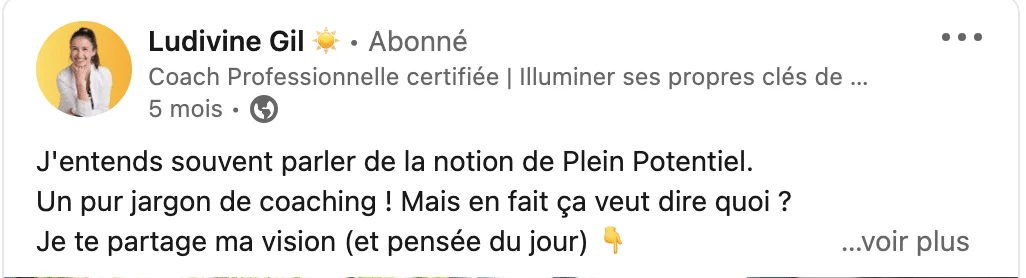 Image Facebook post : "Plein Potentiel" par Ludivine Gil, coach certifiée. Texte : "Notion de Plein Potentiel : un jargon de coaching ? Partage ma vision." Contexte : profil publicitaire.