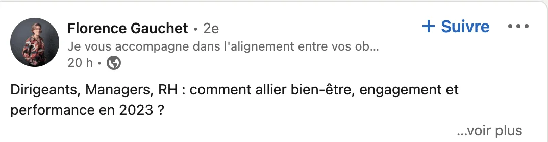 Image Facebook : Post de Florence Gauchet sur bien-être RH en 2023.