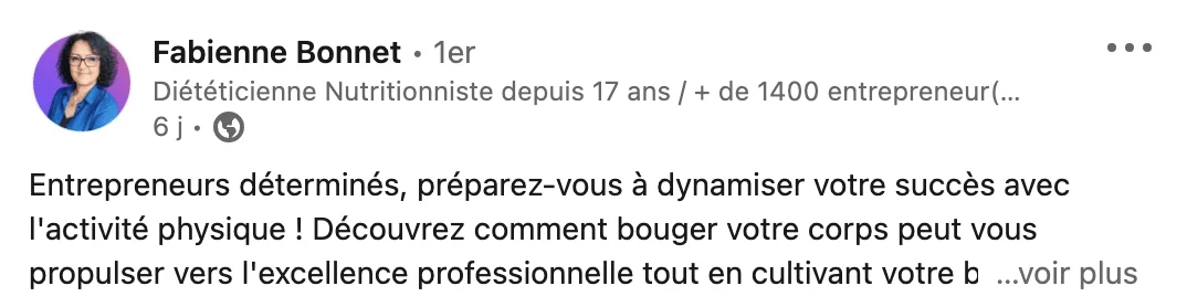 Image Facebook : profil Fabienne Bonnet, diététicienne nutritionniste, 17 ans d'expérience, +1400 entrepreneurs. Texte sur l'activité physique et l'excellence professionnelle.