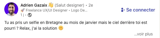 Message Facebook sur selfie avec ciel nuageux en Bretagne, janvier.