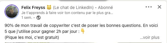 Image : Commentaire LinkedIn sur le copywriting par Felix Freyss.