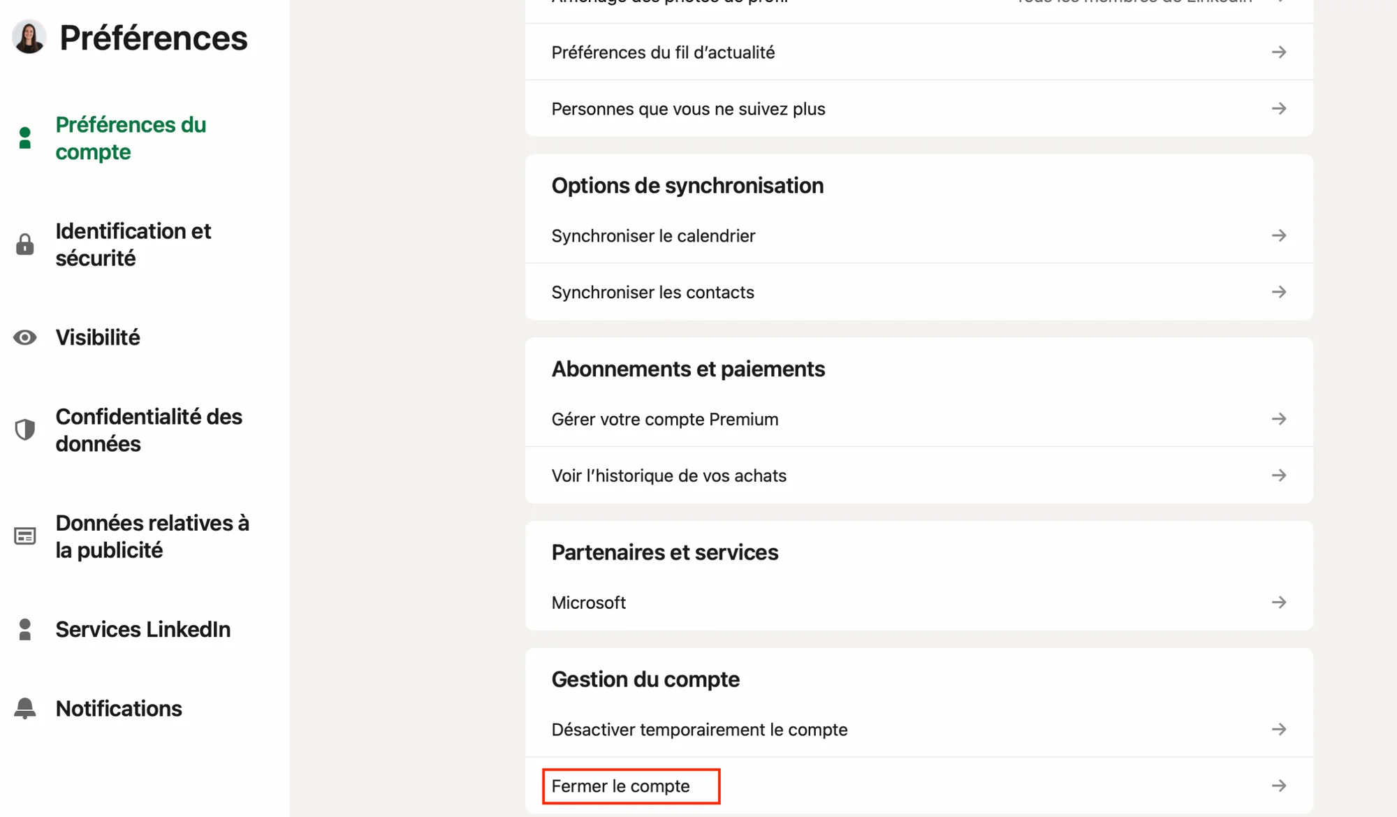 LinkedIn Login fermer le compte
