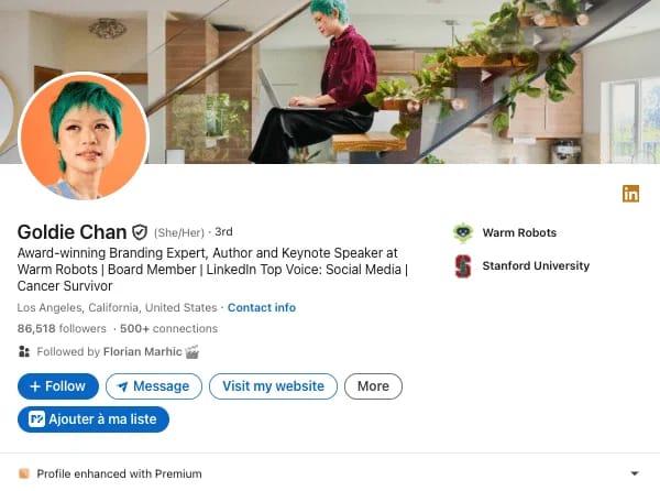 Esempio di solido personal branding su LinkedIn: Goldie Chan (marketing digitale e social media).