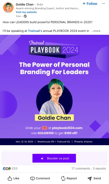 Esempio di solido personal branding su LinkedIn: post di Goldie Chan (digital marketing e social media).