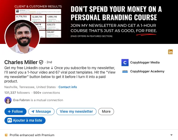 Beispiel für solides Personal Branding auf LinkedIn: Charles Miller (Personal Branding und Copywriting).