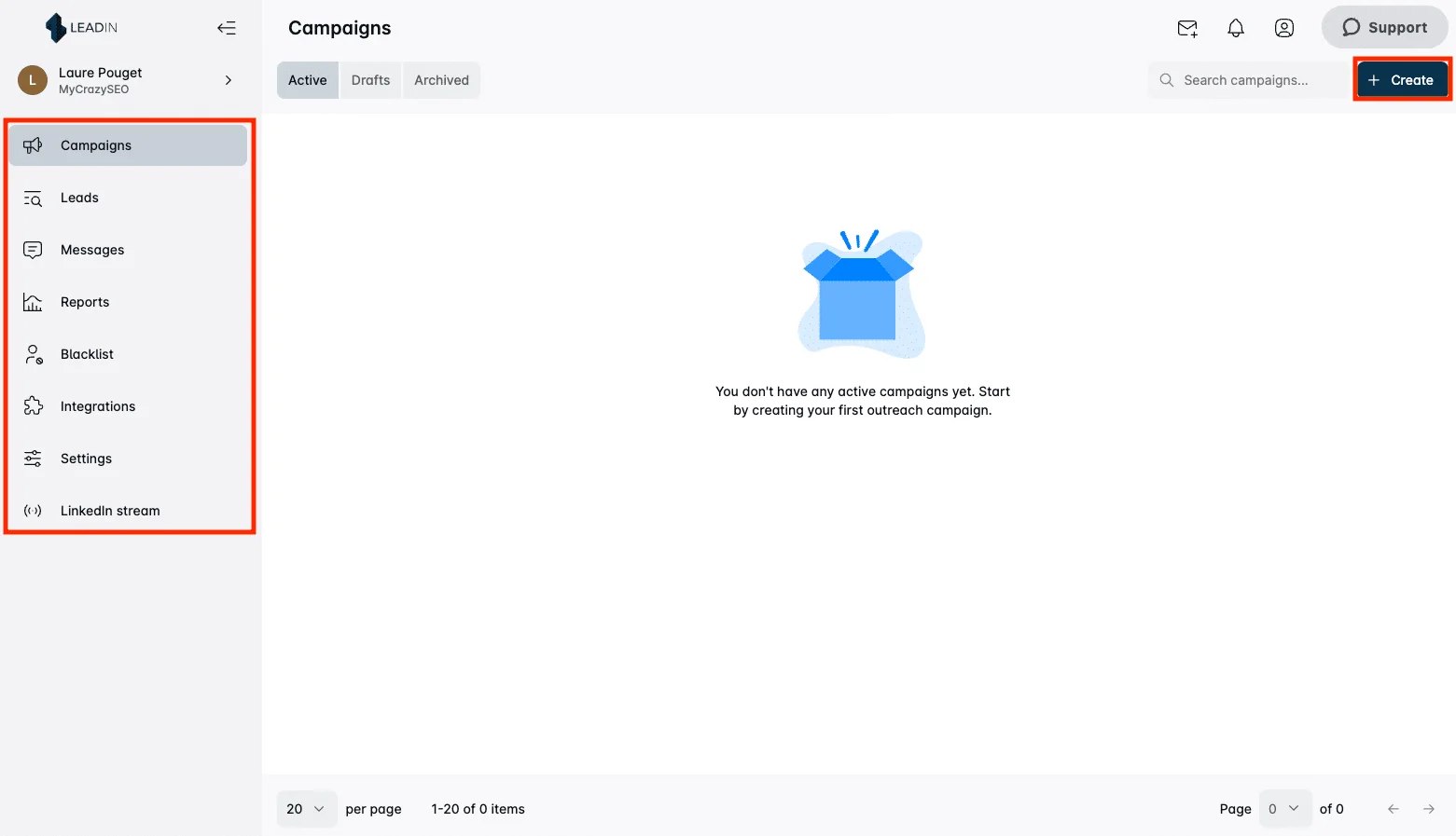 Interface principal da ferramenta de prospeção automatizada Leadin