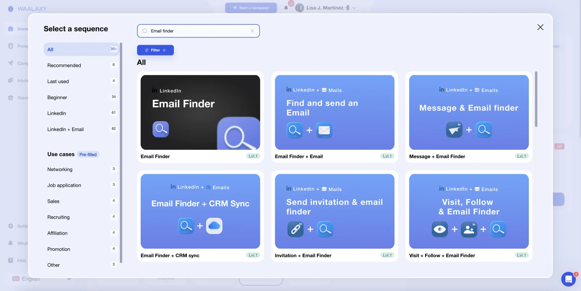 Seleção de campanhas com a opção Email Finder e envio automático de e-mails de prospeção.