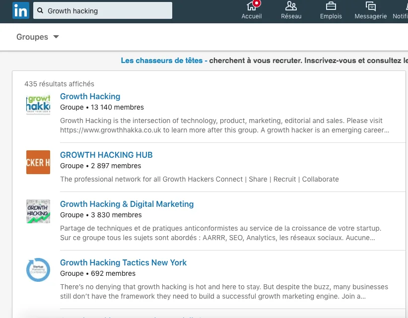 recherche de groupe linkedin via la barre de recherche