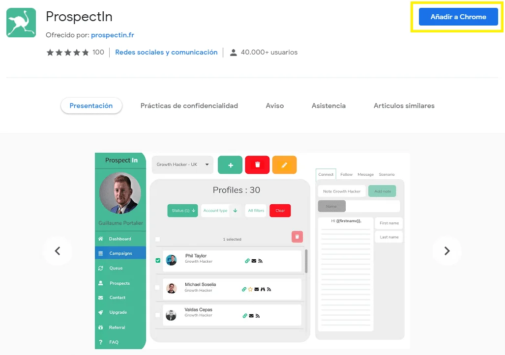 Interface prospection LinkedIn Waalaxy