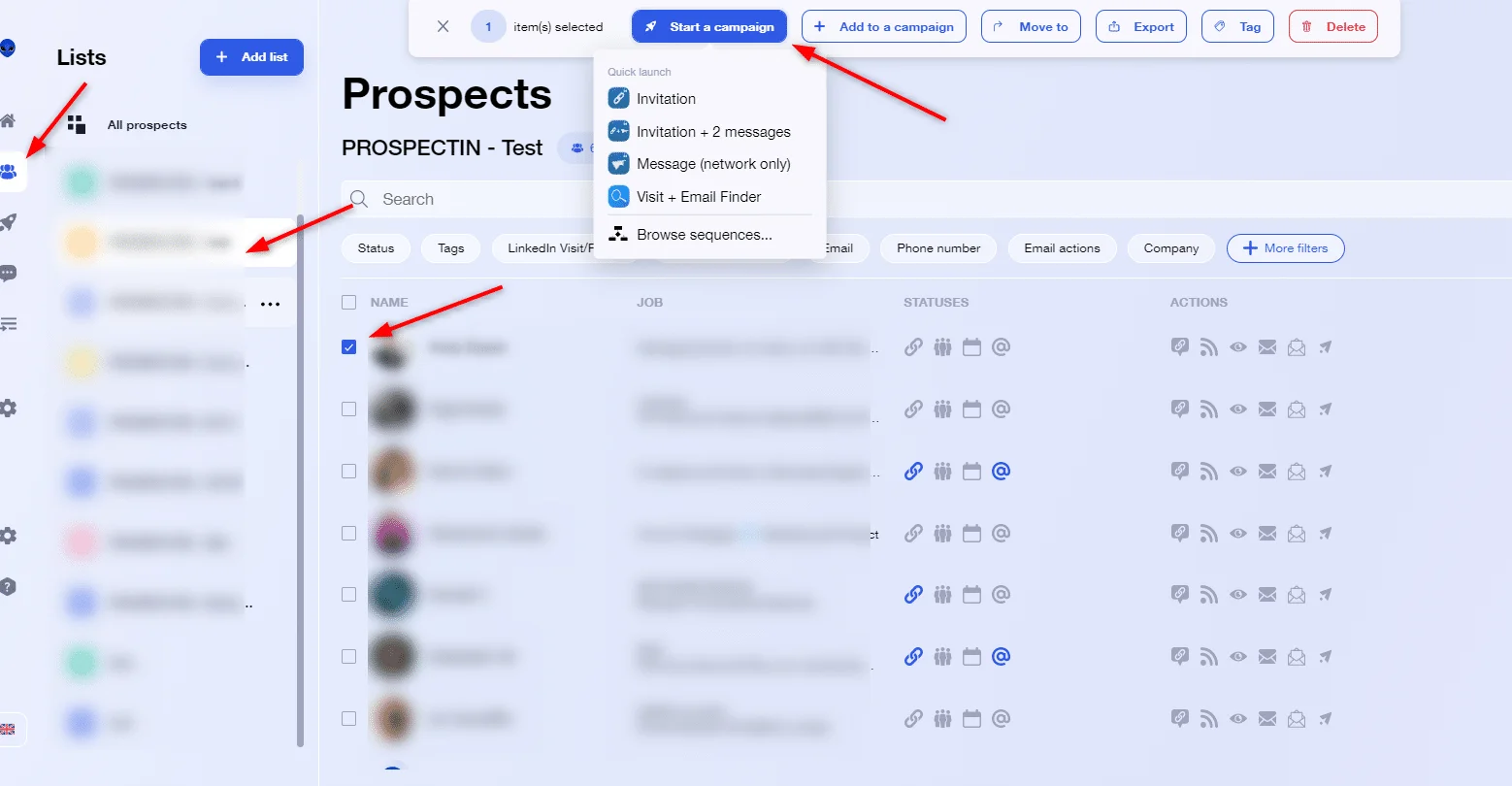 Interface prospection prospects Waalaxy