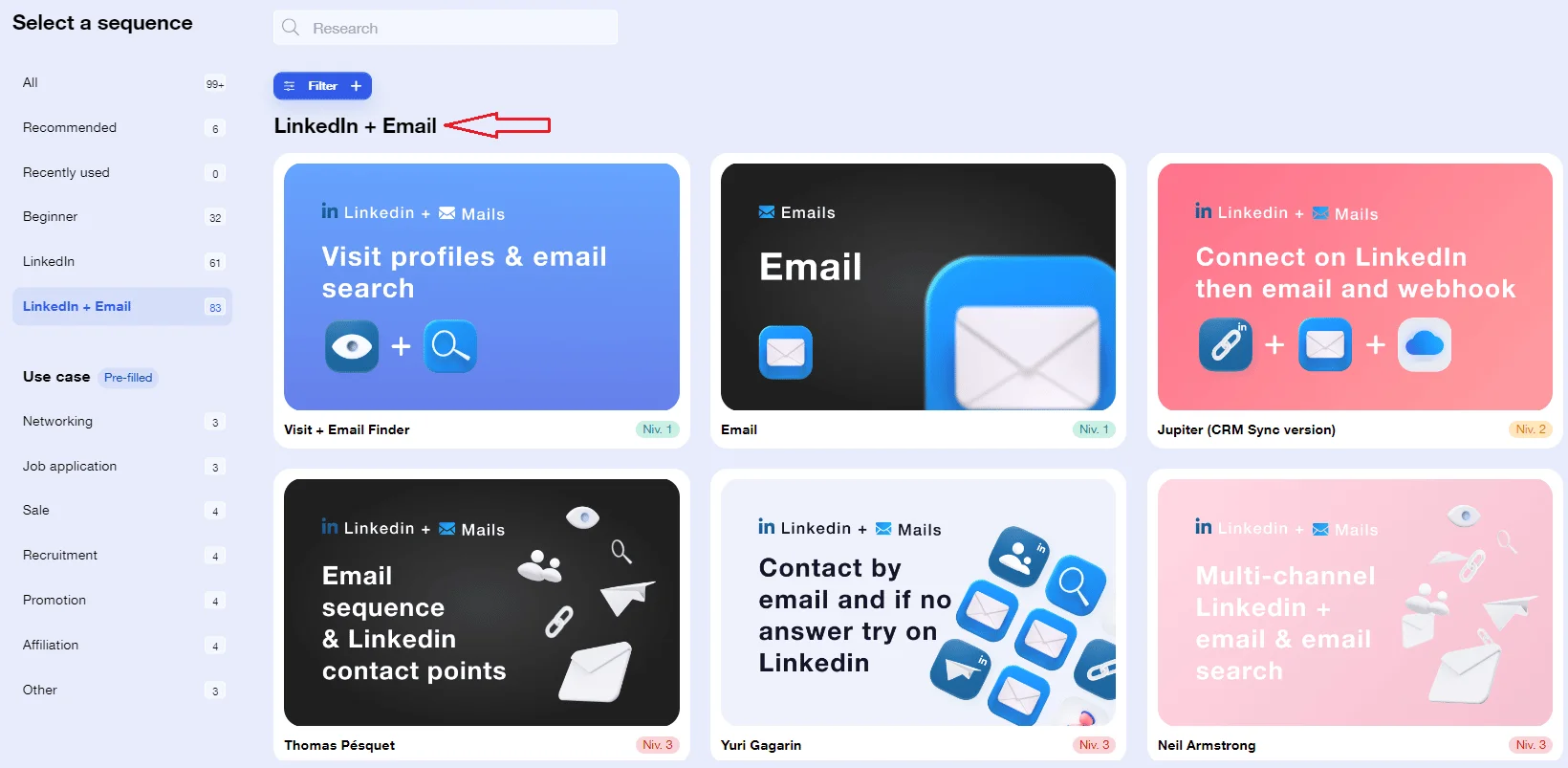 Sélection séquences email LinkedIn Waalaxy
