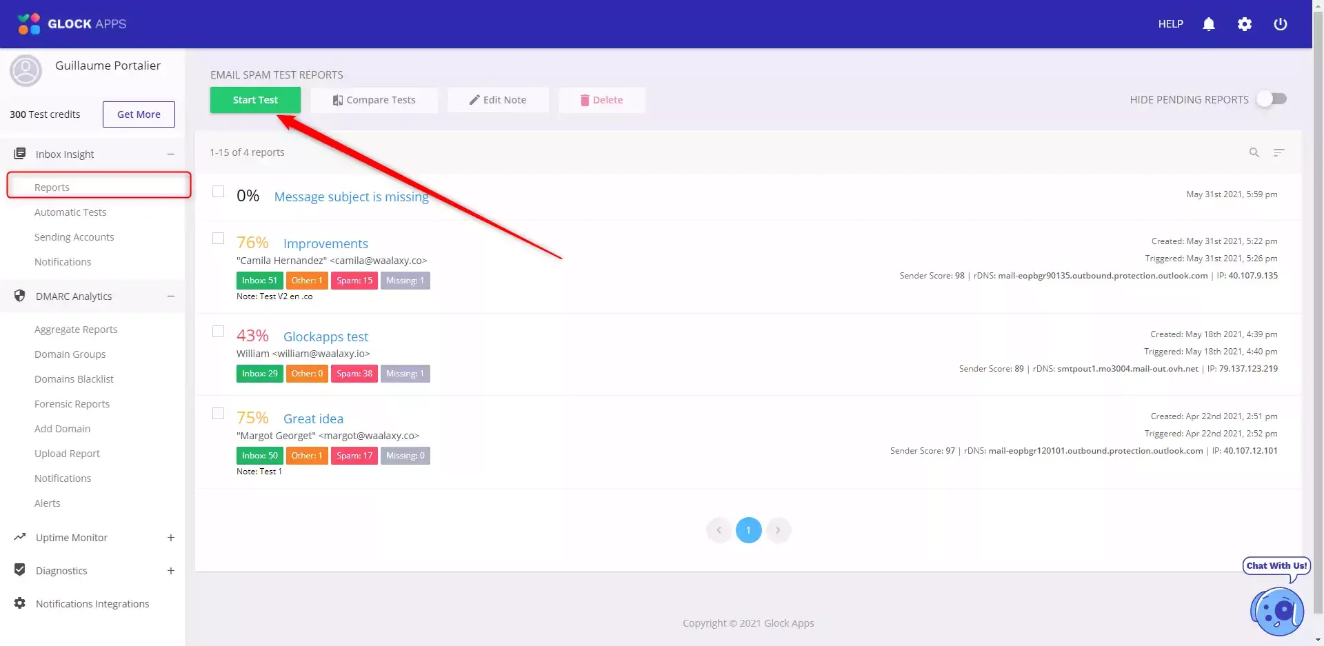 Rapports tests spam email Glock Apps