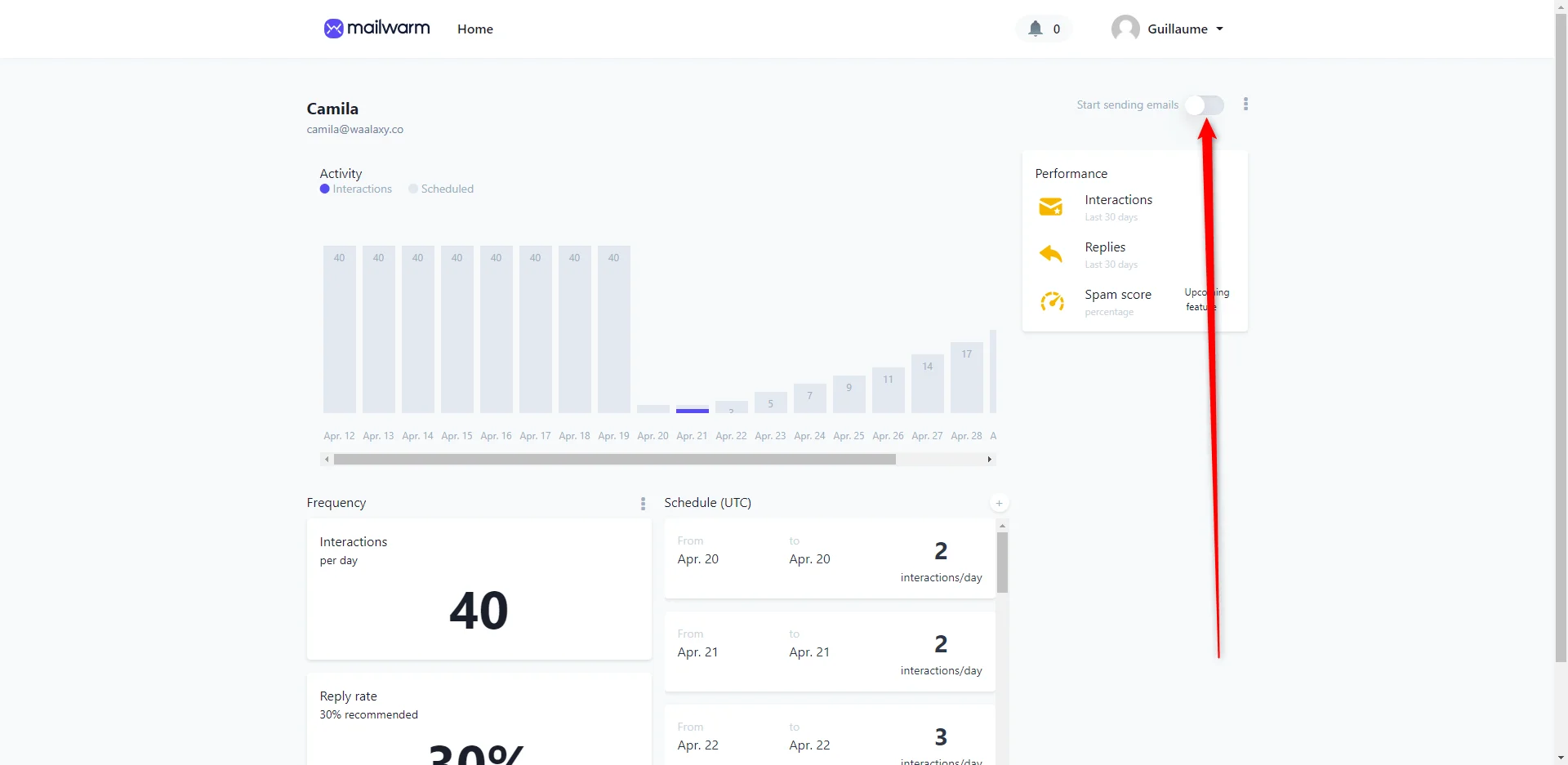Mailwarm tableau de bord interactions email