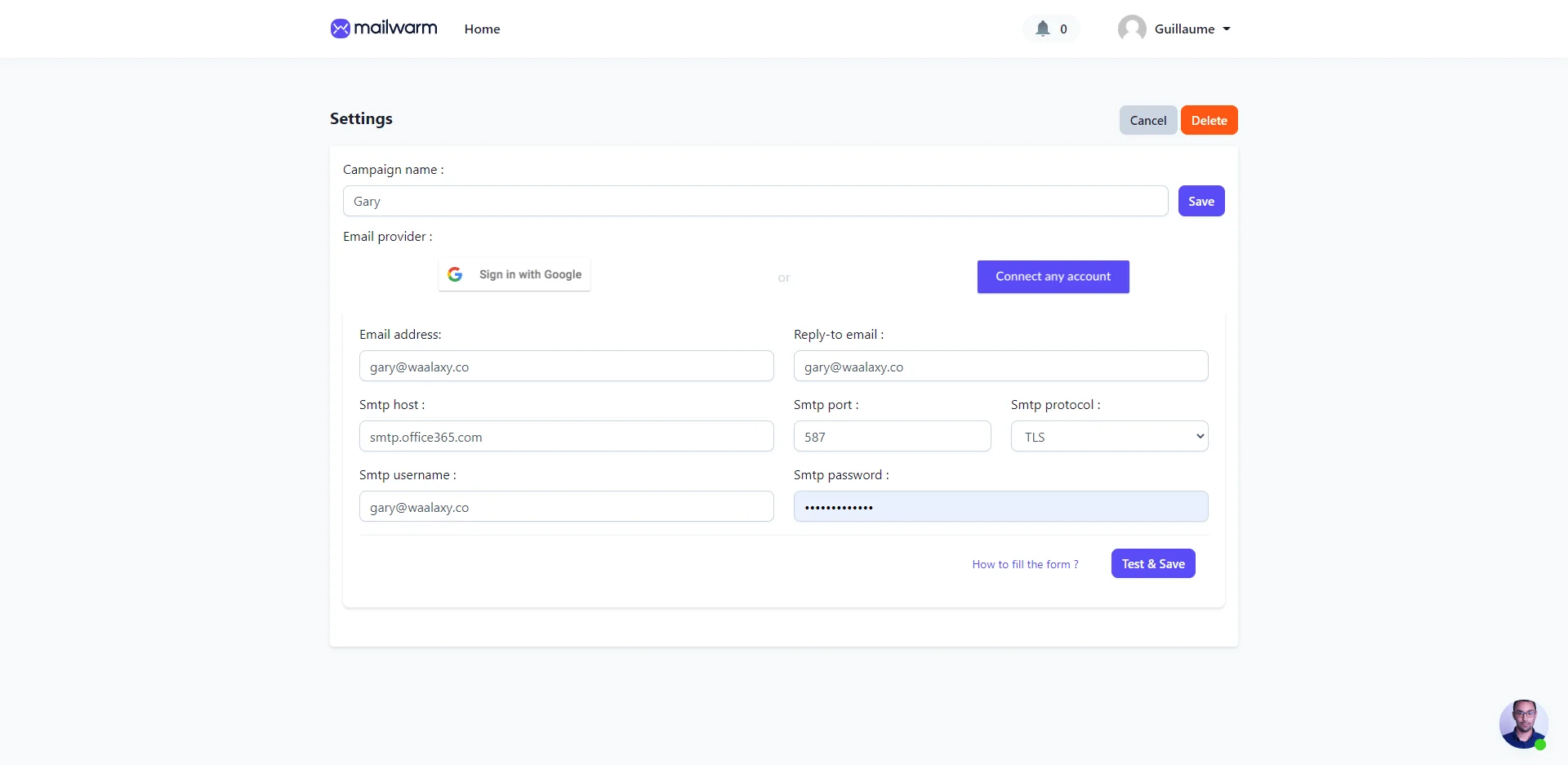 Mailwarm configuration SMTP campagne email