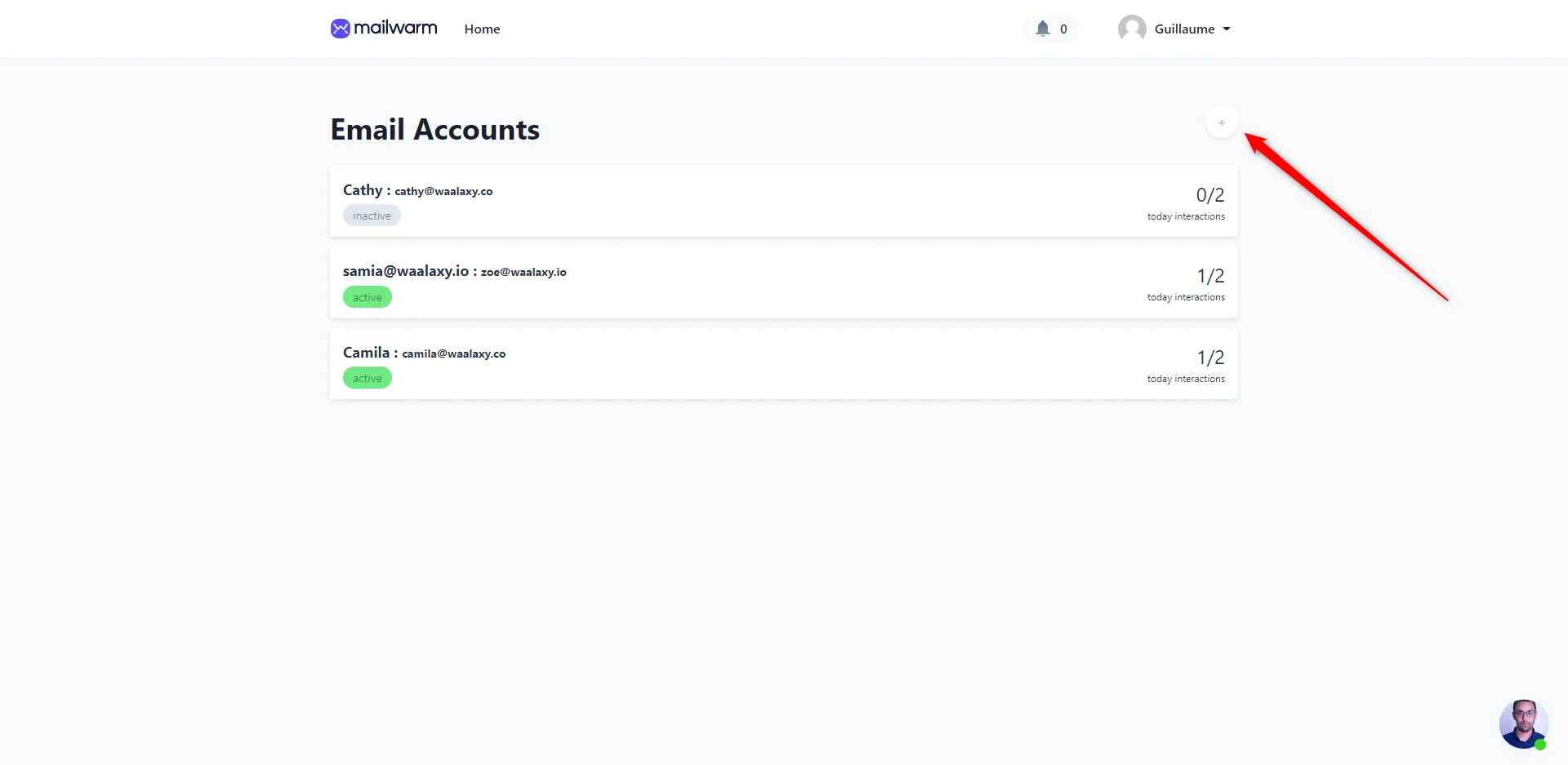 Interface des comptes email Mailwarm
