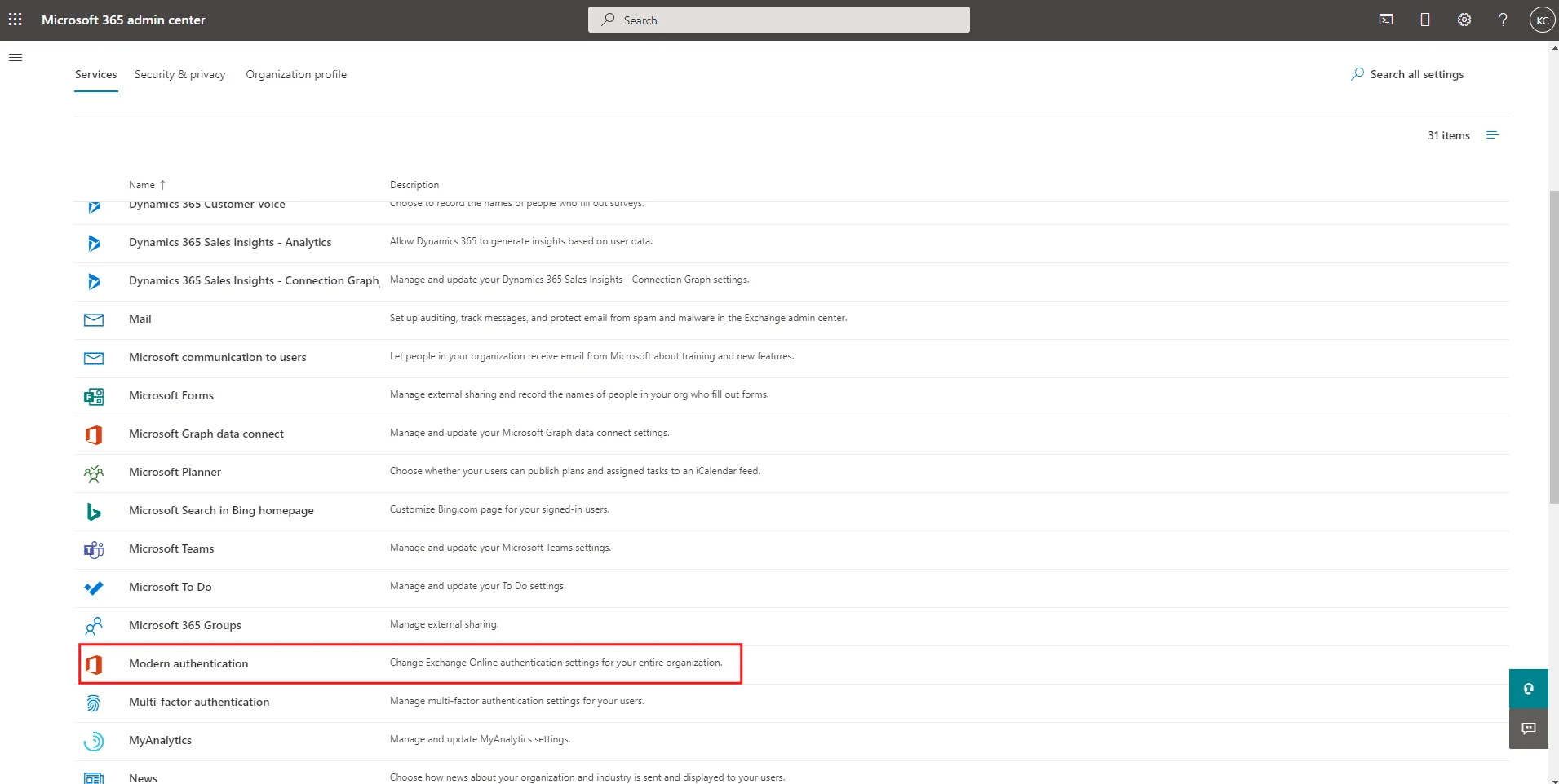 Microsoft 365 Admin Center services settings