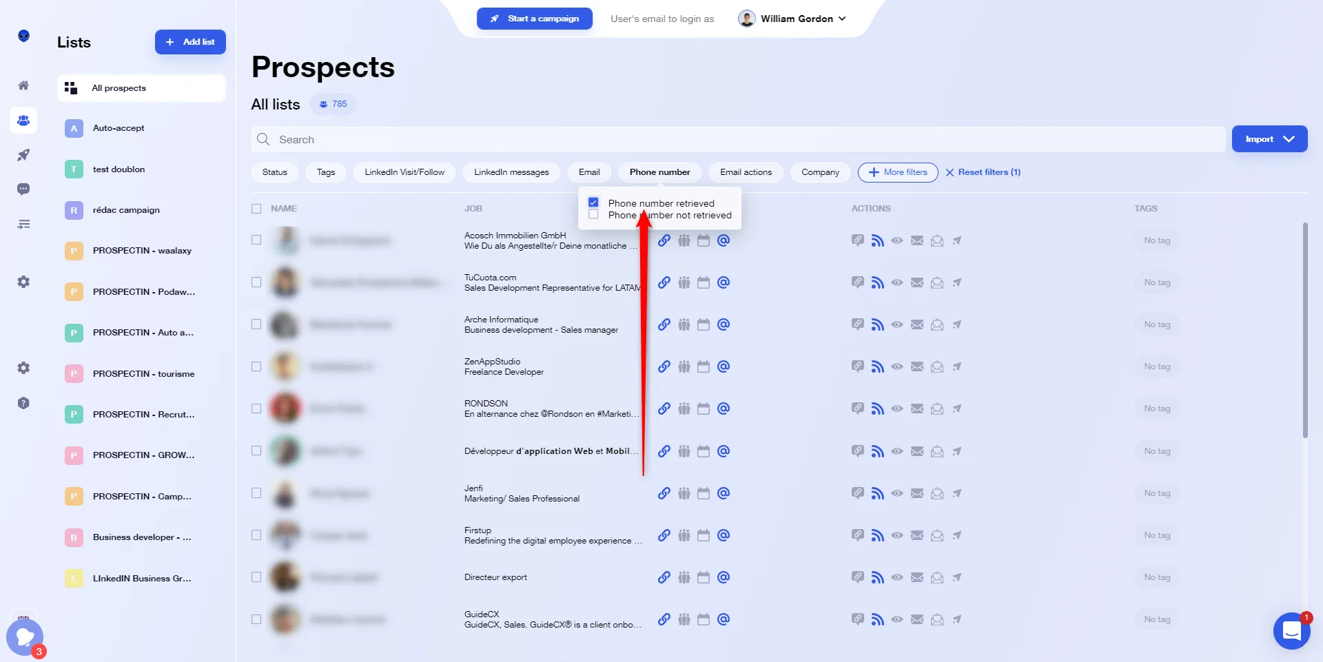 Interface prospection prospects Waalaxy