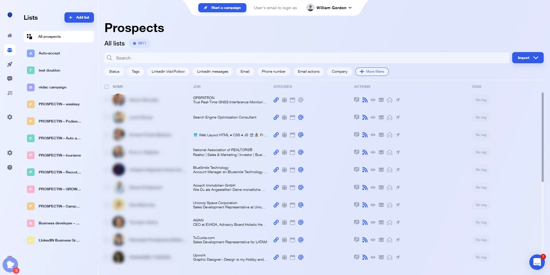 Interface prospection prospects Waalaxy