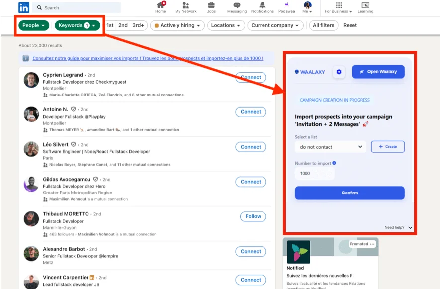Interface prospection LinkedIn Waalaxy résultats