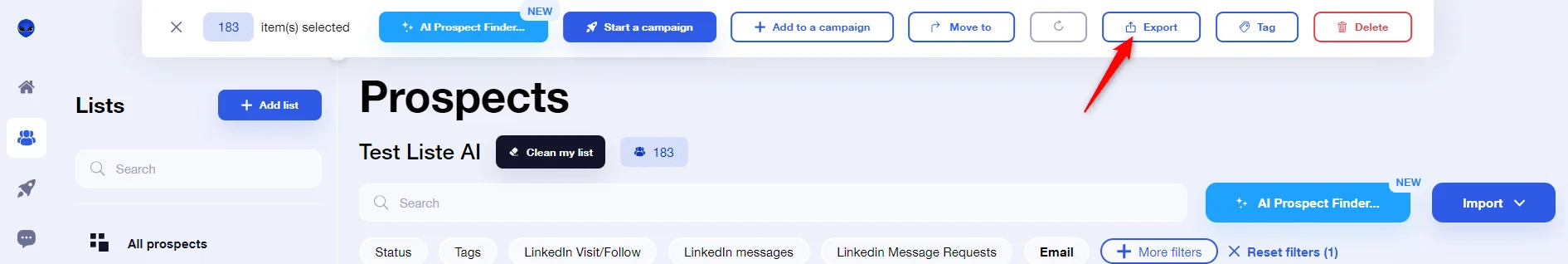 Interface export liste prospects Waalaxy
