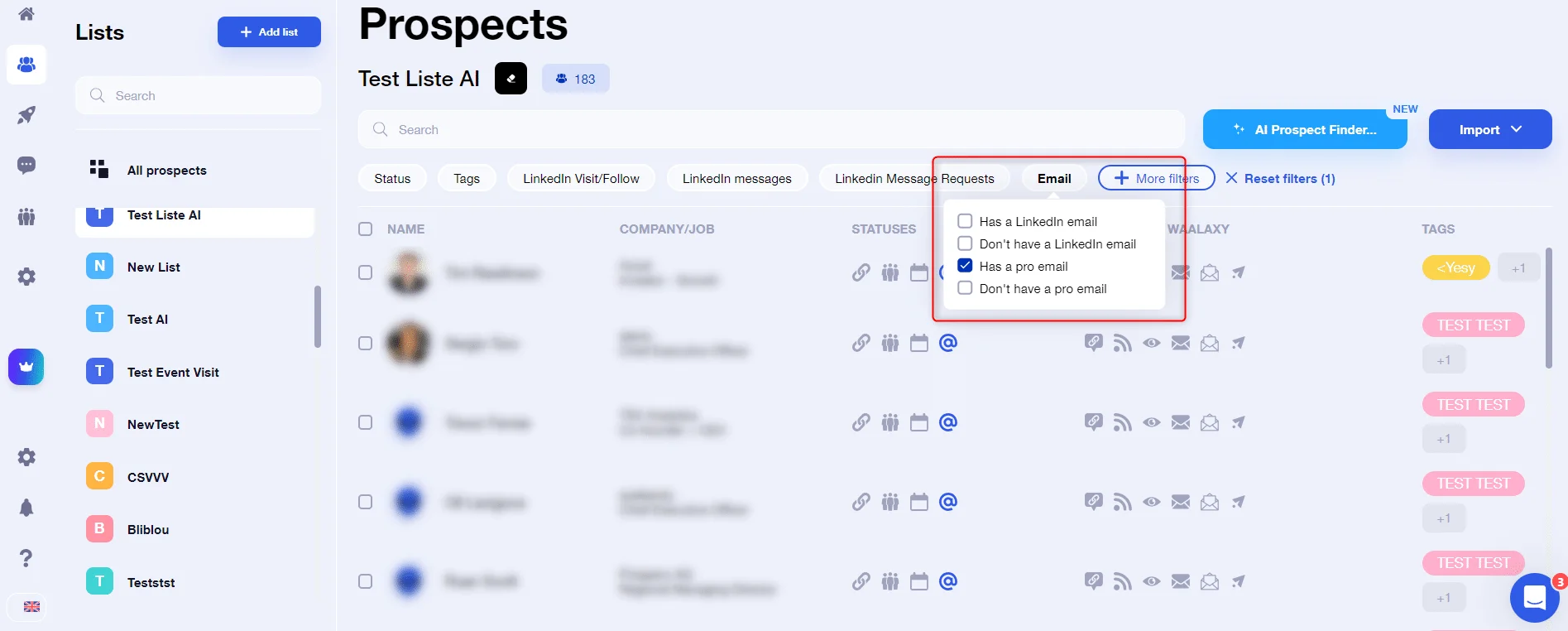 Interface filtrage prospects LinkedIn Waalaxy