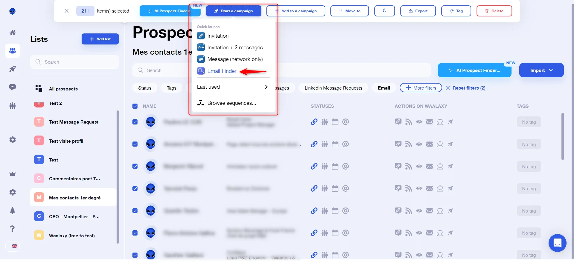 Outil campagne Email Finder Waalaxy