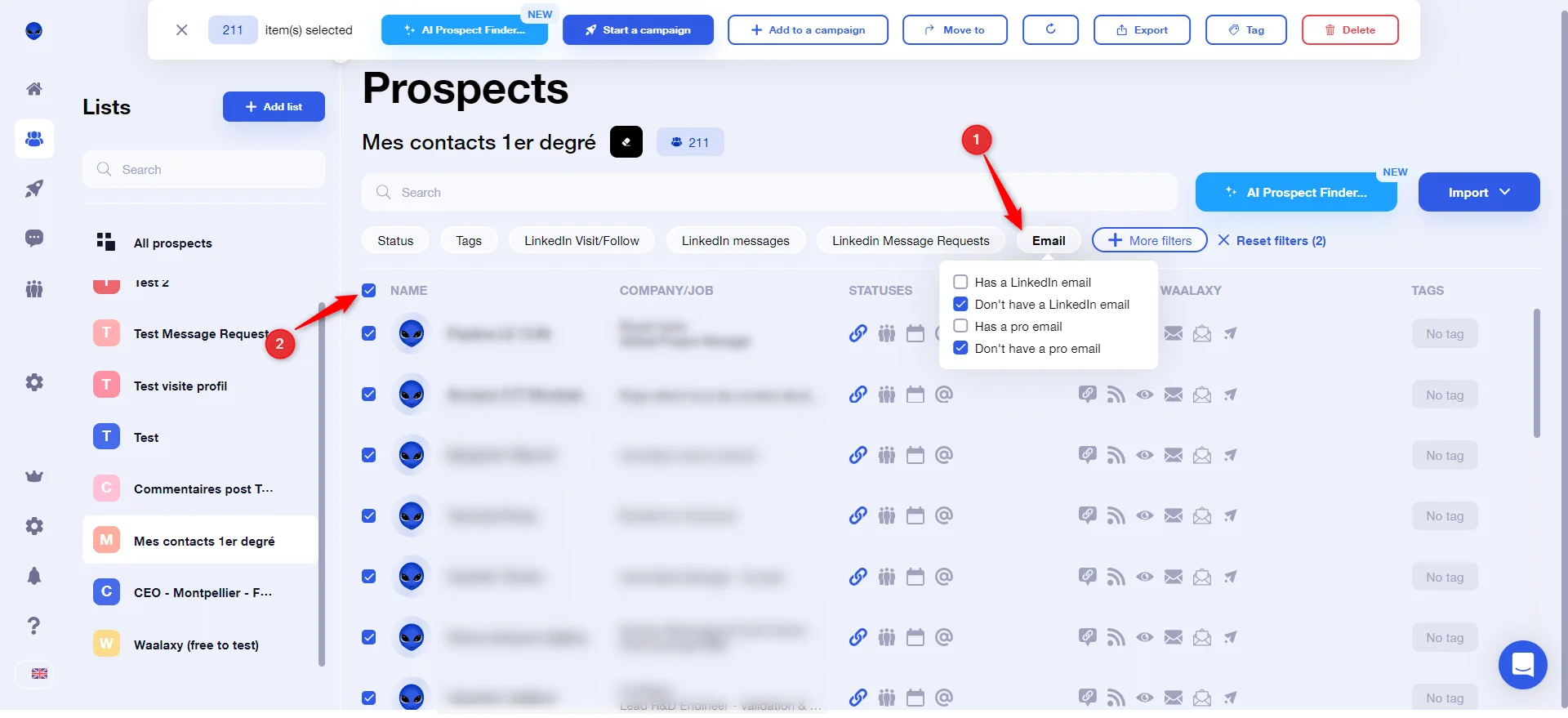 Filtrage des prospects par email Waalaxy