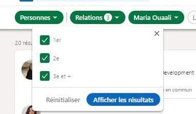 Menu "Relations" avec options 1er, 2e, 3e et +. Bouton "Afficher les résultats". Contexte : filtrage des relations dans un profil.