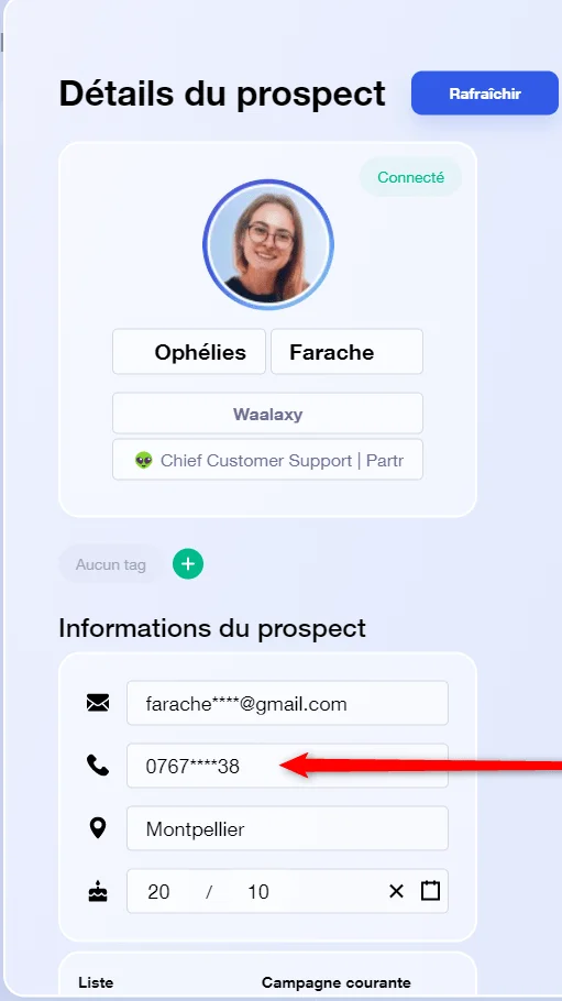 Page d'un profil utilisateur avec des informations de contact et un numéro de téléphone en surbrillance.