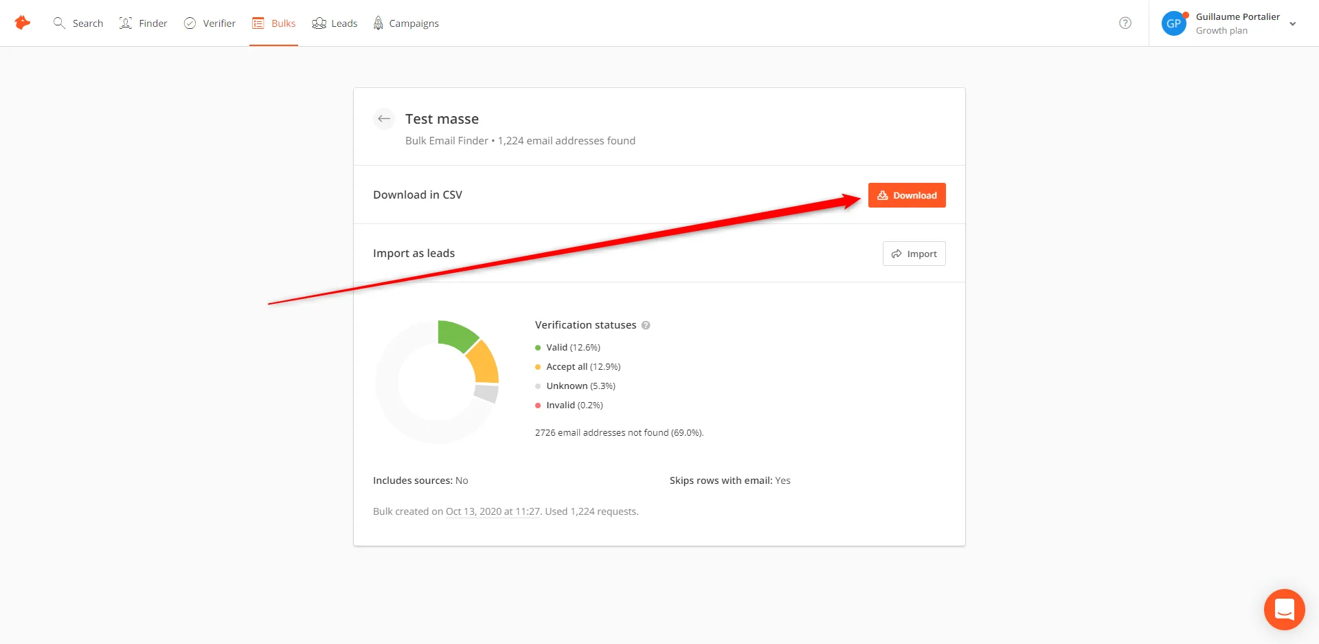 Bulk email finder Waalaxy résultats téléchargement