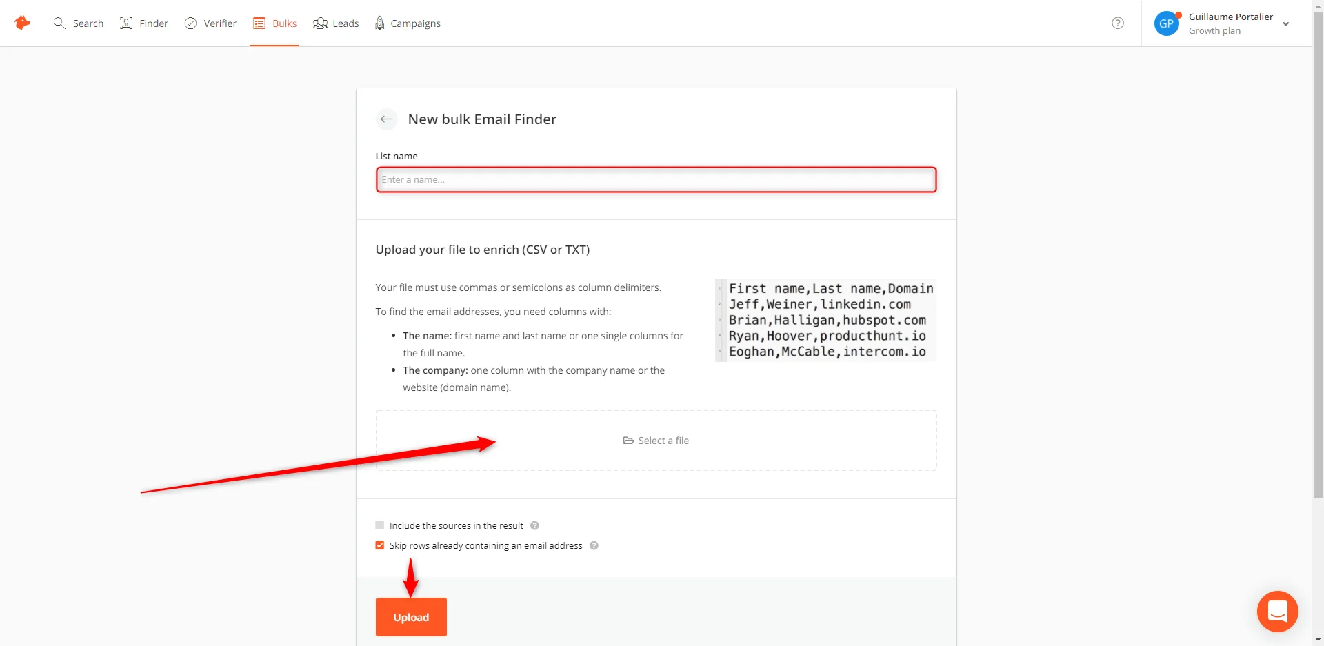 Bulk email finder Waalaxy upload fichier