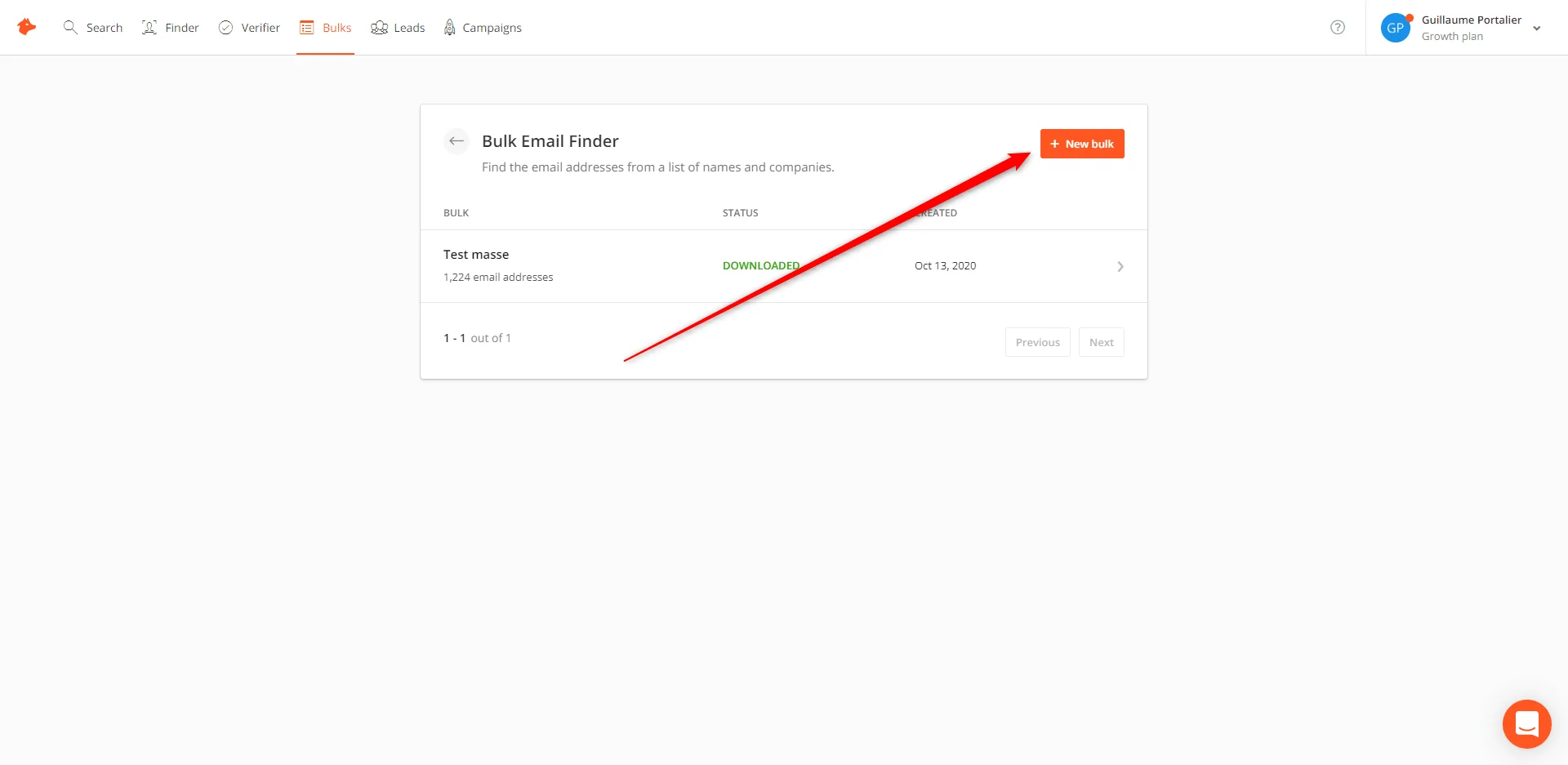 Bulk email finder Waalaxy interface