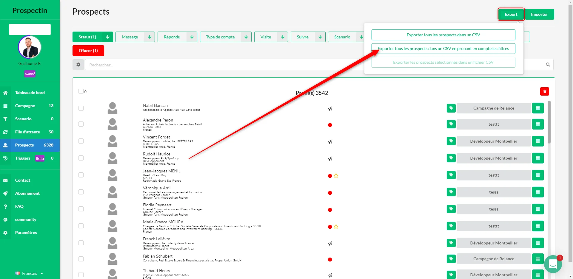 Interface prospection prospects Waalaxy