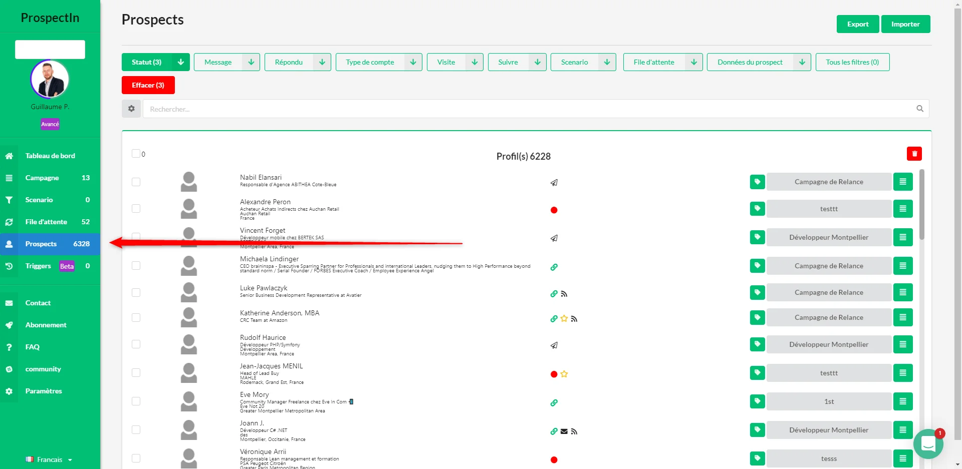 Interface prospection liste prospects profiles
