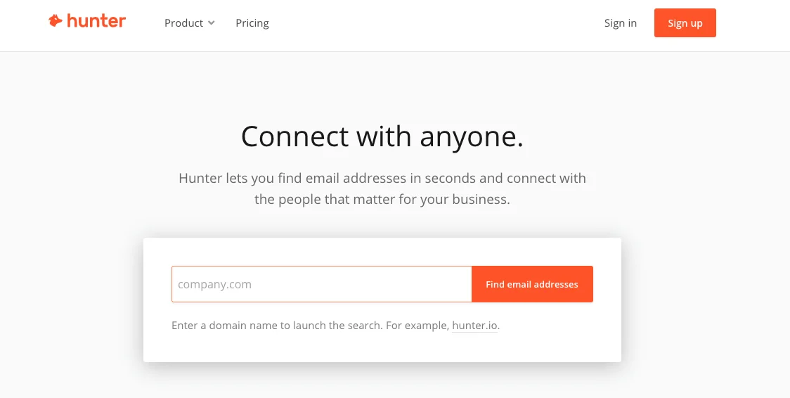 Hunter email finder interface search