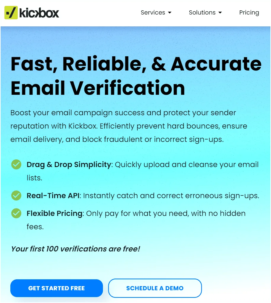 Interface de vérification email Kickbox